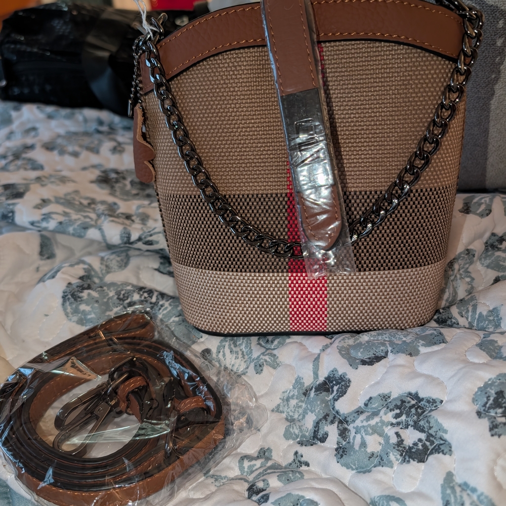Brown and Red Chain Strap Women's Bag